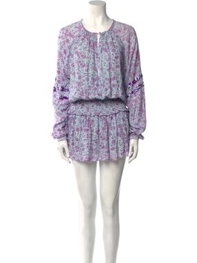 Hemant & Nandita Blue Purple Floral Sequin Smocked Long Sleeve Mini